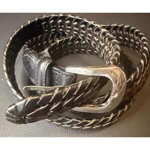 BRIGHTON Belt Sz 38” Black & Brown Braided Belt W Silver Conches EUC